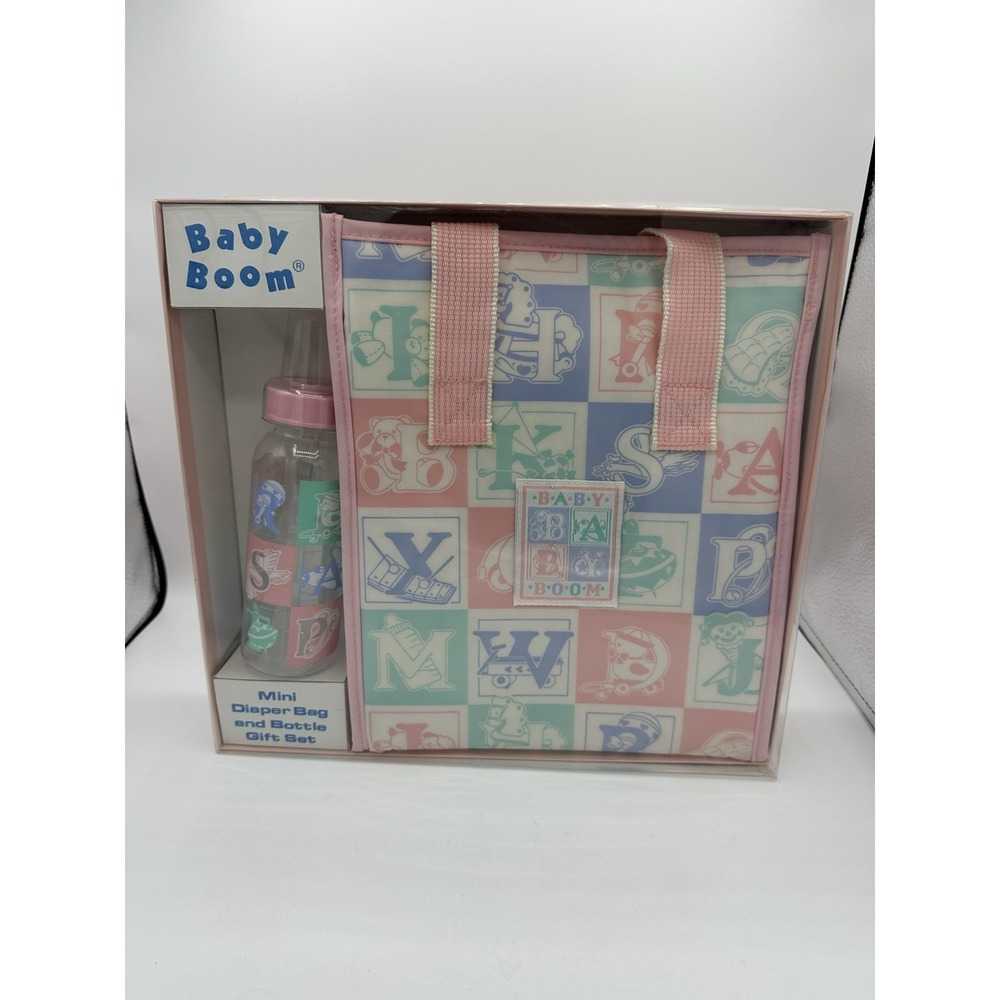 Vintage Baby Boom Mini Diaper Bag And Bottle Gift Set Clean Pastel Colors NEW